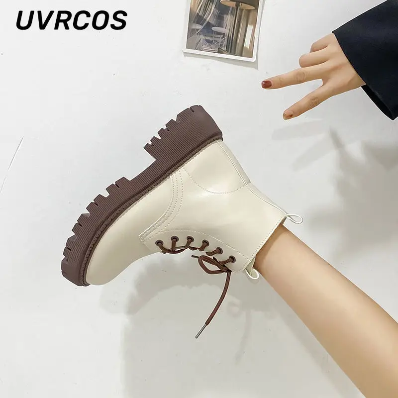 Thick-soled Single Boots Short Women British Style Fleece Fashion Lace-up Solid Color Low-heeled Short-tube New