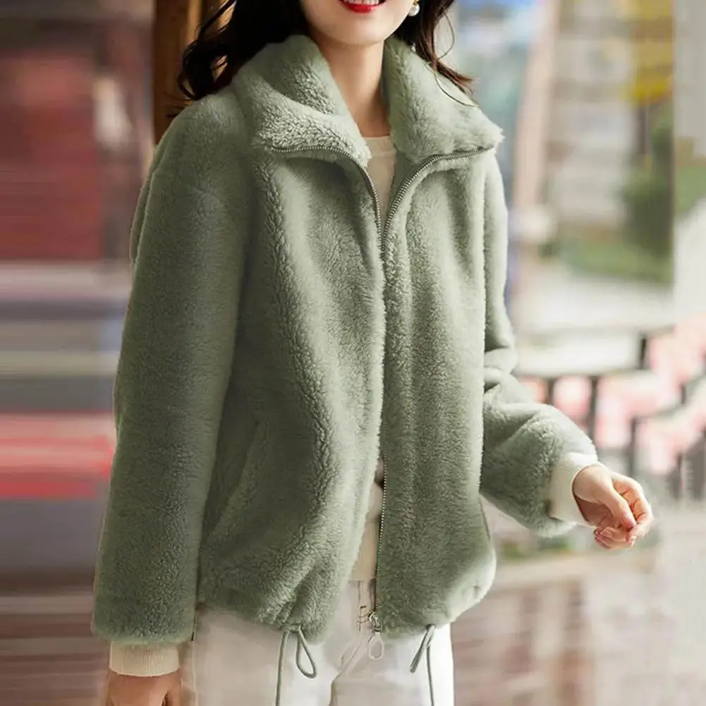 

Winter Coat Women High Collar Long Sleeve Pockets Drawstring Hem Solid Color Double Sided Plush Overcoat Female Clothing