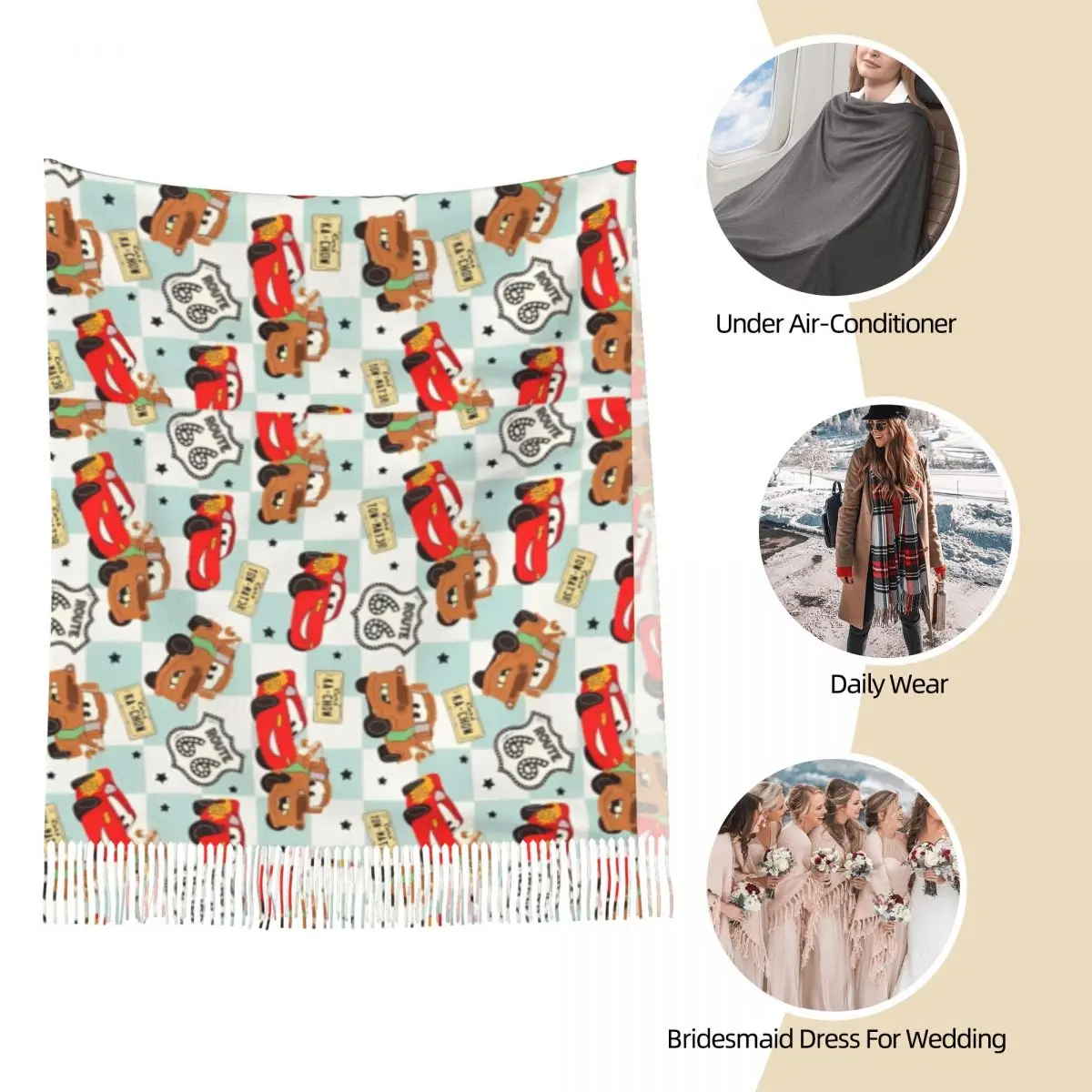 Женский шарф с кисточками Cars Lightning McQueen Mater Route 66 длинная мягкая теплая шаль и