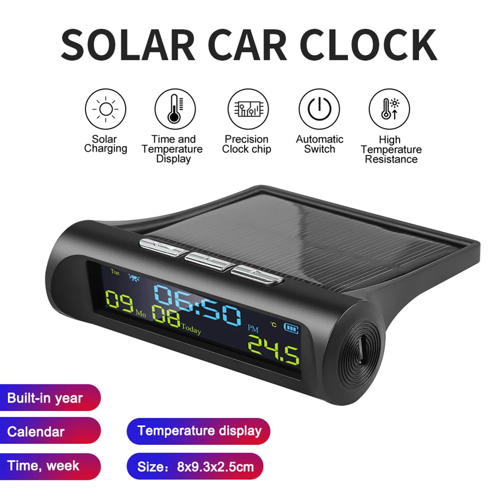 

Solar TPMS Car Clock Outside Thermometer Driving Time Reminder Automatic Switch No Wiring High-Precision LCD Digital Clock