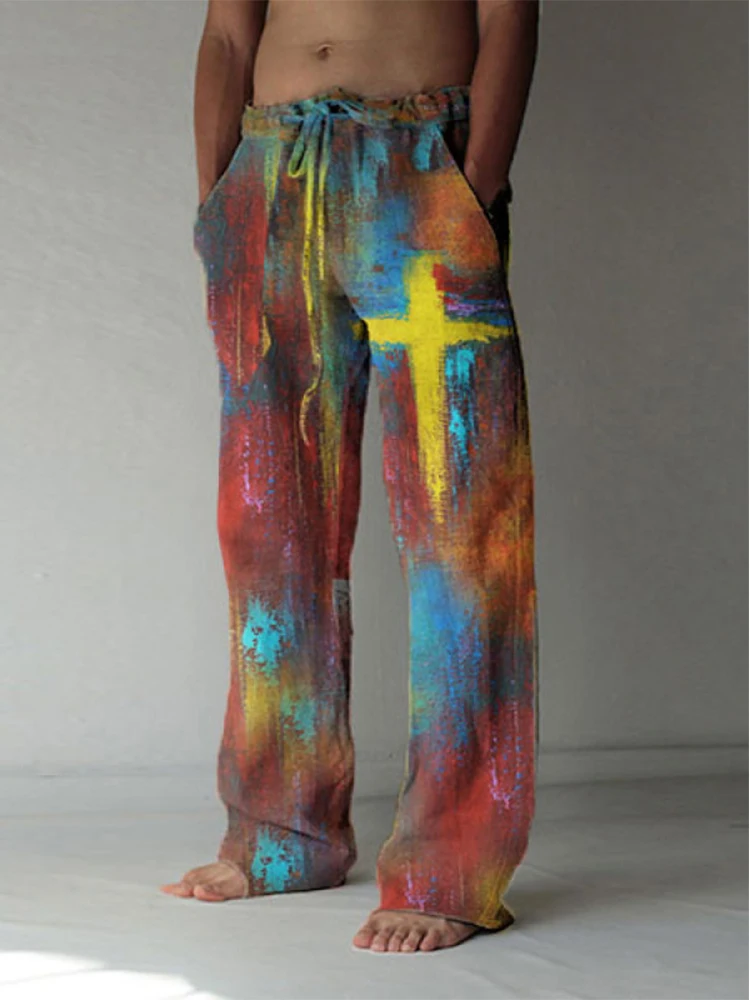 

Spring Summer Mens Trousers Holiday Beach Casual Loose Straight Long Pant For Men Vintage Pattern Print Pants Fashion Male Pant