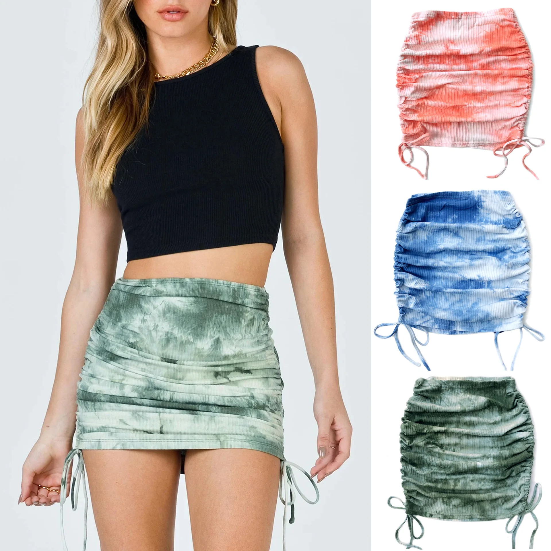 

2022 Women Summer Sexy Knit Skinny Tie Dye Drawstring Pleated Buttocks Skirt Casual Elegant High Waist Party Club