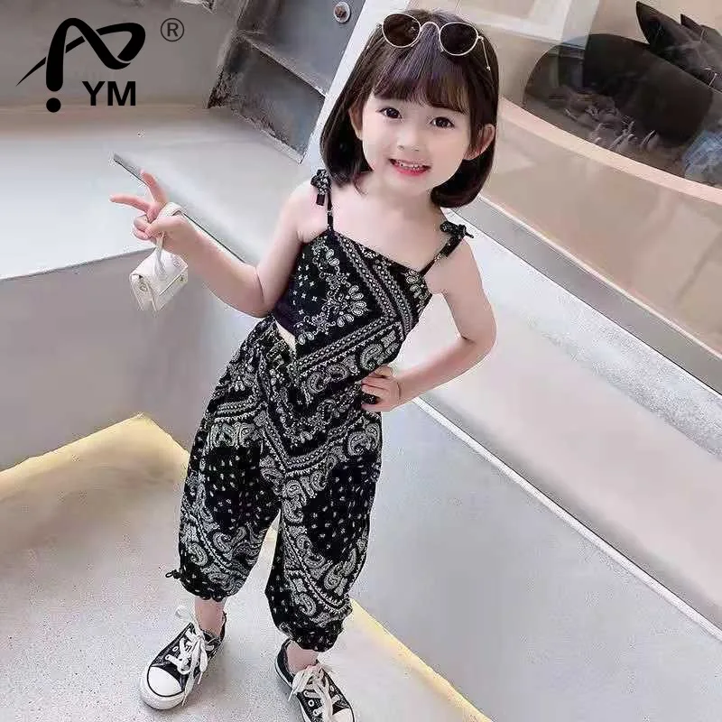 

New cool girls summer thin off shoulder print tops vest long harem pants toddler kids baby clothes sets 3pcs 2-11Y