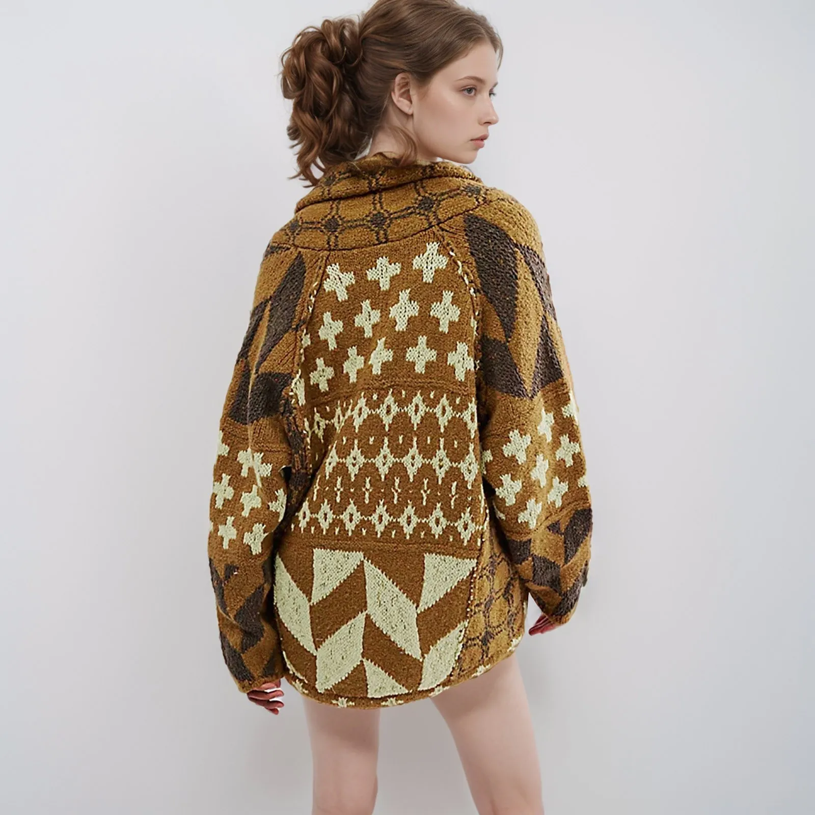 Женский вязаный мешковатый Длинный пуловер с абстрактным принтом и лацканами 2024