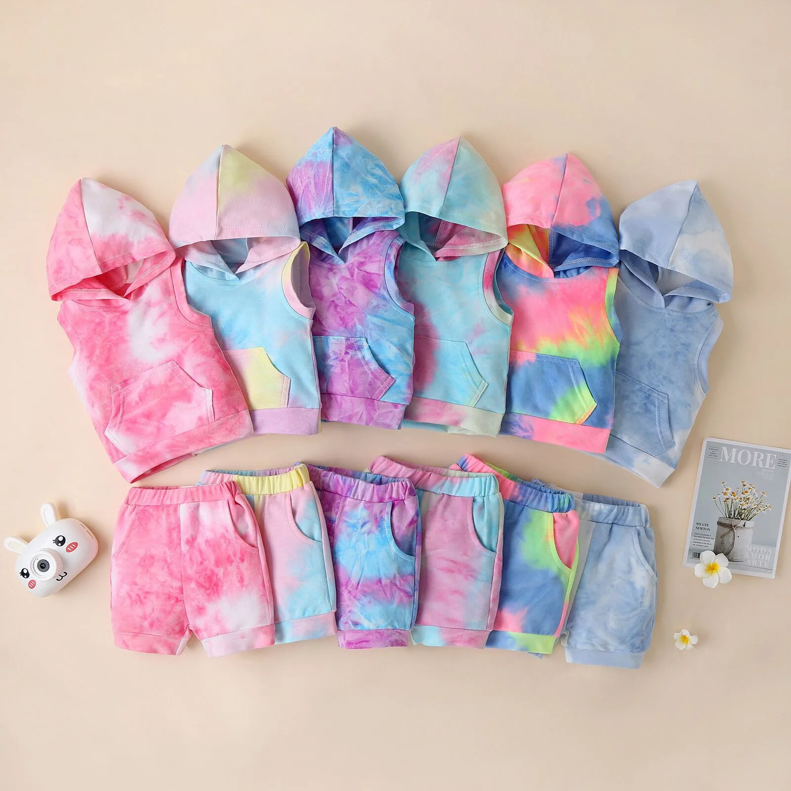 

3 Month Baby Girl Kids Toddler Boy Girls Clothes Sports Casual Tie Dye Prints Sleeveless Hooked Baby Girl Outfit with Elephants