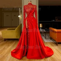luxury prom dress high neck long sleeves sequin beading vintage satin evening party gown side slit custom vestido de noche 2022