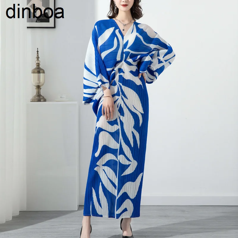 

Dinboa-fast Delivery 2022 Long Batwing Sleeve Pleated Printing Dress Women Elegant Summer Miyake Casual Dresses