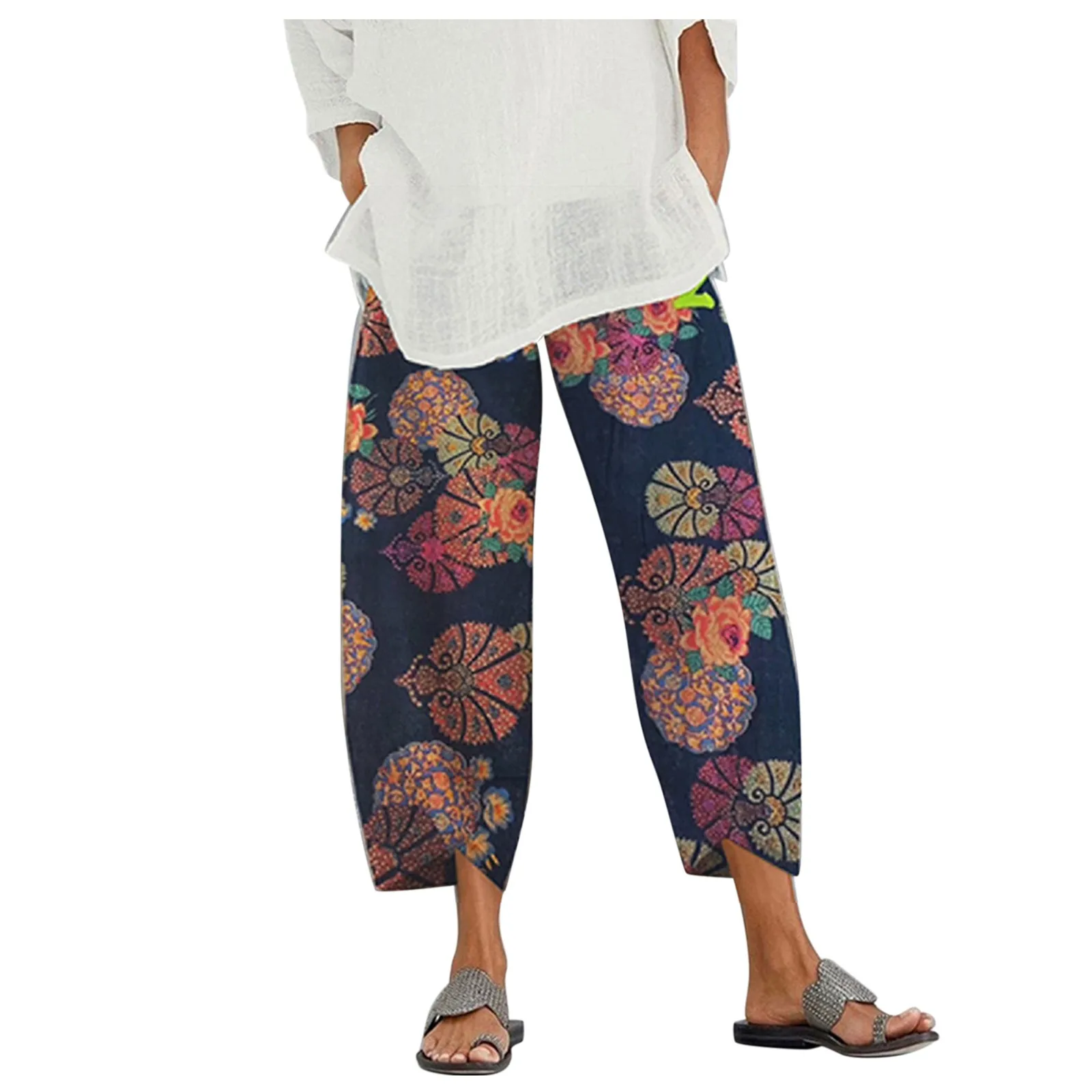 Vintage Floral Embroidery Cotton Linen Pants Women 2023 Spring Summer Elastic Waist Wide Leg Pants With Pockets Casual Trousers