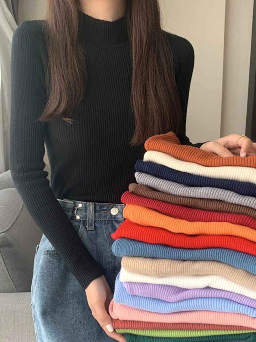 

Solid Color Turtleneck Bottom Shirt Women Tops Autumn Winter Knitted Pullover Sweater Slim Long Sleeve Jumper Sueter Mujer 508J
