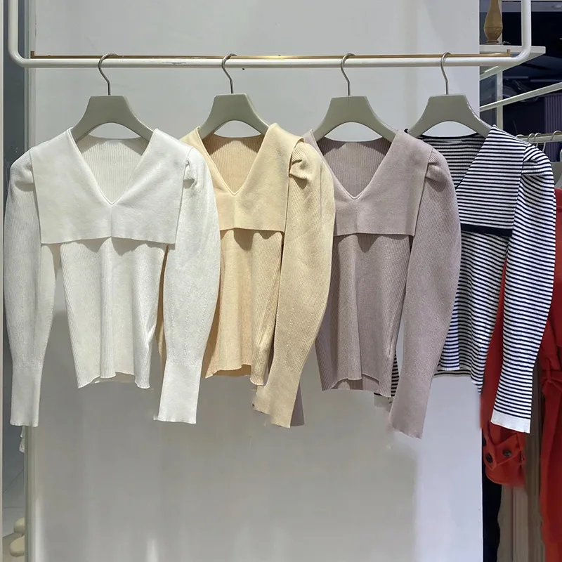 

Женские свитера, женские пуловеры, пуловеры с пышными рукавами и матросским воротником, джемперы, корейская мода, весенняя одежда, повседне...