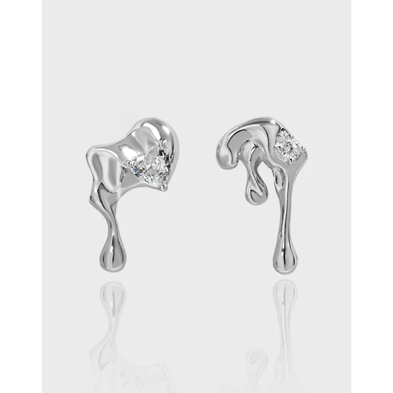 

18K Gold Authentic 925 Sterling silver molten &Heart CZ 4A+ Stud Ear Earrings ear-Bone Jewelry C-EA617