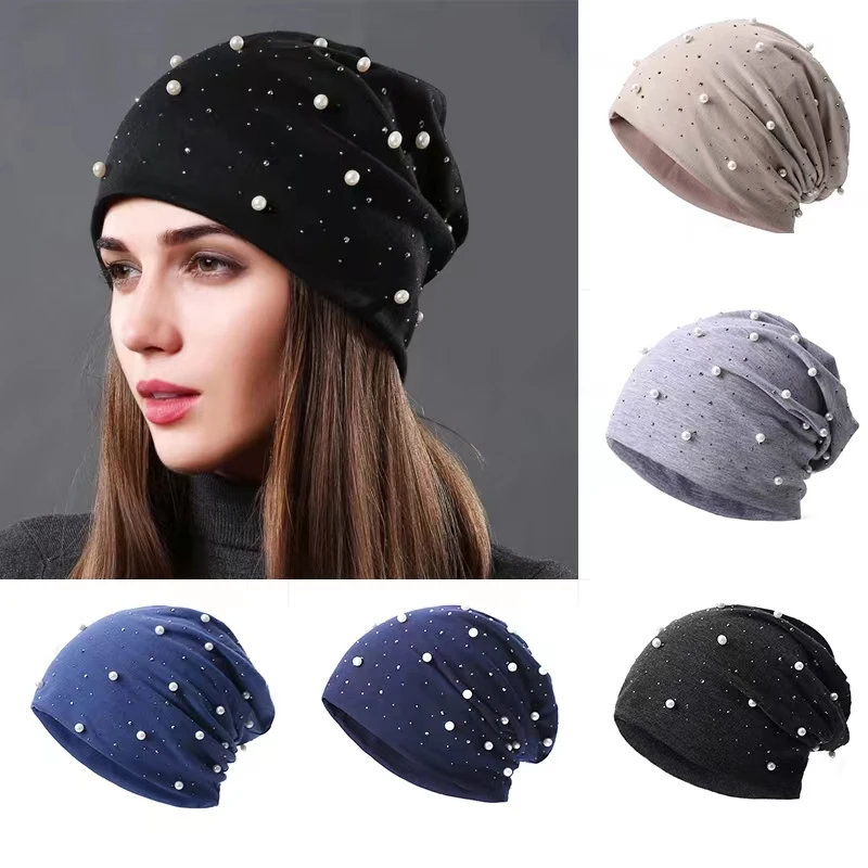 Мягкие хлопковые шапки-бини на осень и весну женские шапки с жемчугом для девочек