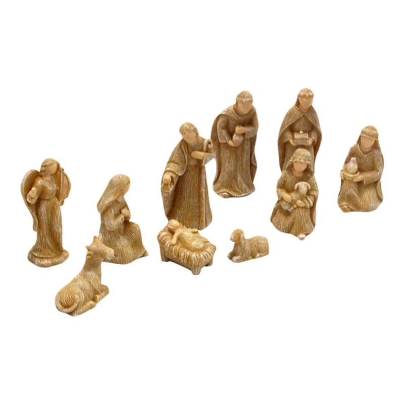 

10pcs Christmas Statue Nativity Scene Figurines Crib Manger Miniatures Ornament Set Home Decorations Church Catholic