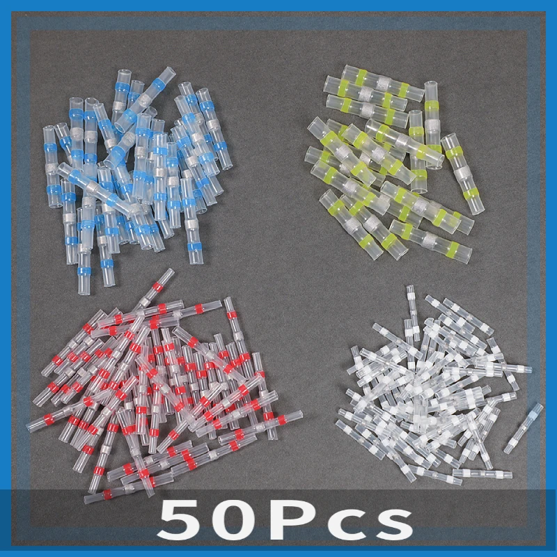 

50Pcs Waterproof Solder Seal Wire Connectors Electrical Wire Terminals Heat Shrink Butt Tube Connectors Insulated Cable Splice