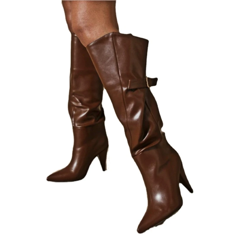 

2023 Spring Buckle Pleated Knee High Boots Women Autumn Fashion Conical Heel Western Cowboy Boot Elegant Party Shoes Size 42 43