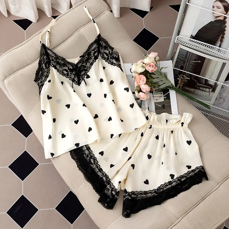 

2PCS PJS Set Women Sleepwear Satin Print Heart Pajamas Pour Femme Home Clothes Stap Camisole&Shorts Suit V-Neck Loungewear