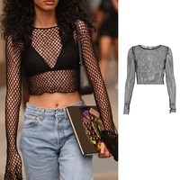 womens mesh net t shirts sexy hollow out tee tops long sleeves crop tops slim fitted t shirt see through top for summer