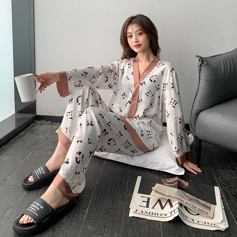 Women Pajamas Two Piece Set 2022 Spring New Ice Silk Long Sleeve Cardigan Suit Sexy Homewear Womaen Loungewear Sleepwear Sets