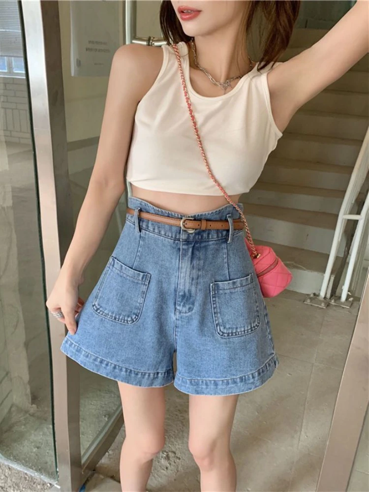 Deeptown Vintage Streetwear Blue Jean Shorts Women Korean Fashion High Waist Denim Short Pants Baggy Straight Wide Leg Trousers