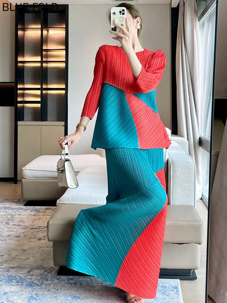 

Miyake/плиссированный осенний Дизайнерский Модный костюм для досуга, модный костюм для отдыха, элегантный костюм из двух предметов с юбкой, комплект из 2 предметов