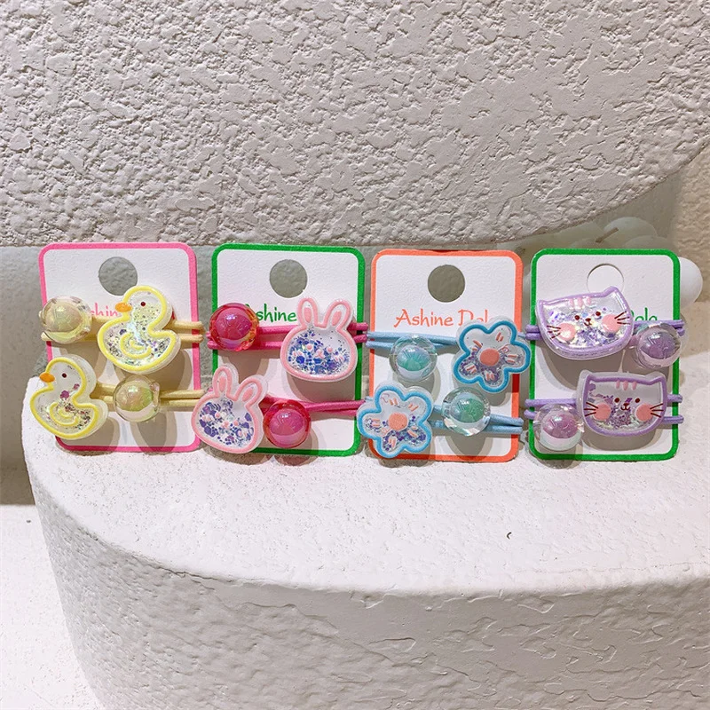 

1 Pair New Fashion Sweet Girl Ponytail Hair Accessories Children's Cute Cartoon Sequins Quicksand Flower Rubber Band Hair Rope