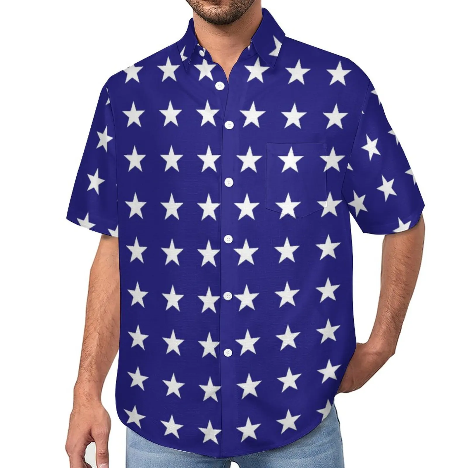 

White Stars Beach Shirt US Flag Print Hawaiian Casual Shirts Men Trending Blouses Short-Sleeved Graphic Clothing Big Size
