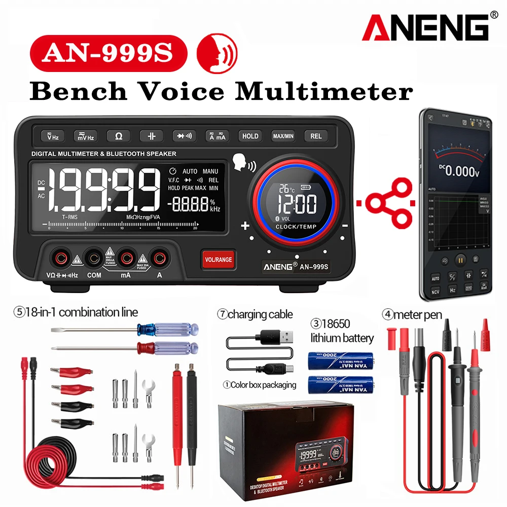 

ANENG AN999S Bench Voice Multimeter Bluetooth Tester 19999 Counts Profesional Digital True Rms Autorange Transistor Tool Meter
