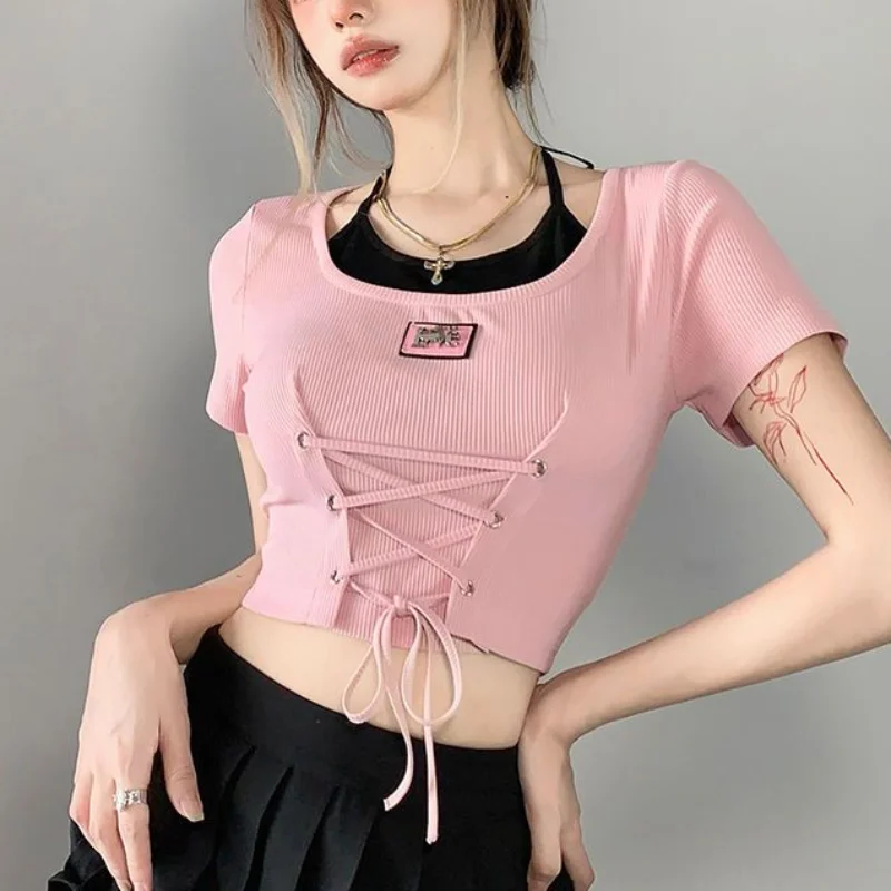 

American Hotsweet Tee Crop Tops Sexy Pink Halter Fake Two Piece Camisetas Bandage Short Sleeve Slim Women Y2k Tshirts High Waist