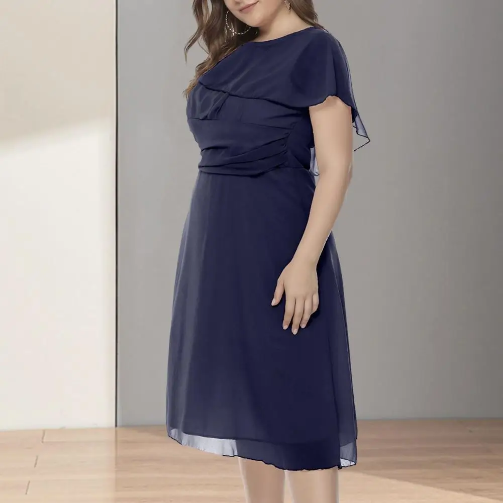

Women Summer Dress Double Layers O Neck Lady Dress High Waist Pleated Irregular Dress Solid Color Hollow Out Shawl Type Dress