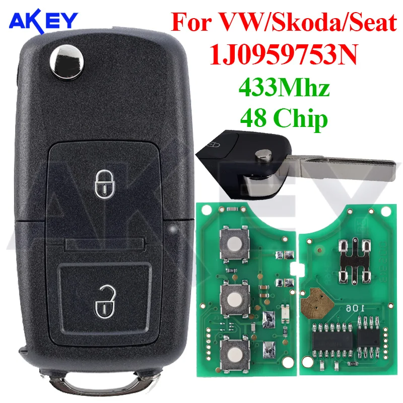 Автомобильный ключ Fip для VOLKSWAGEN VW Beetle Bora Golf SEAT Toledo SKODA Octavia Auto Flip Fob 1J 0959753 N 433 МГц ID48