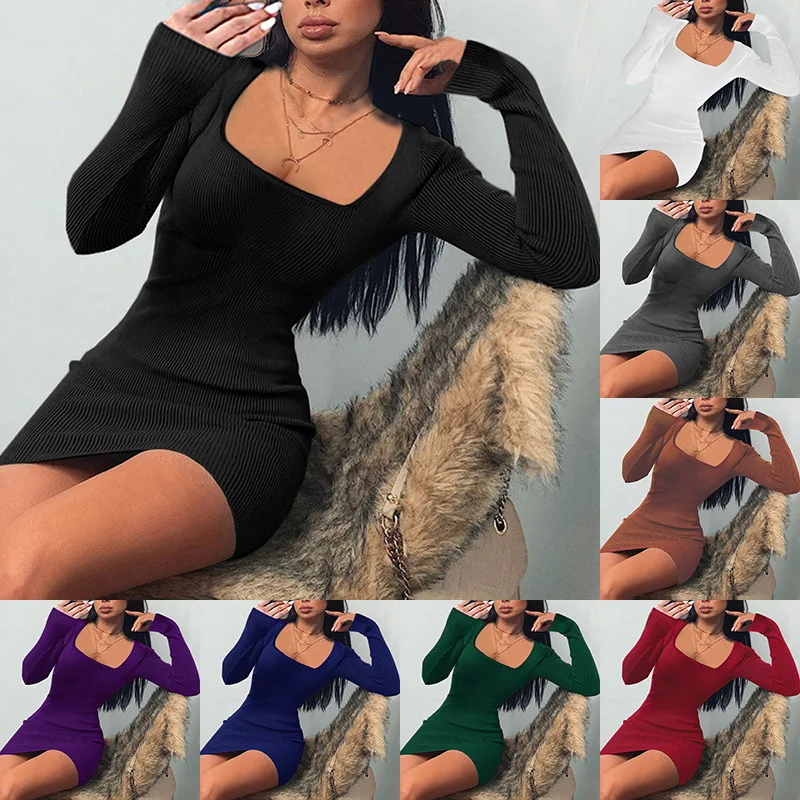 

Women Club Basic Solid Color Square Neck Mini Dress Long Sleeve Sexy Bodycon Dress
