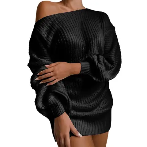 Женское трикотажное платье-свитер на одно плечо, с рукавом-фонариком