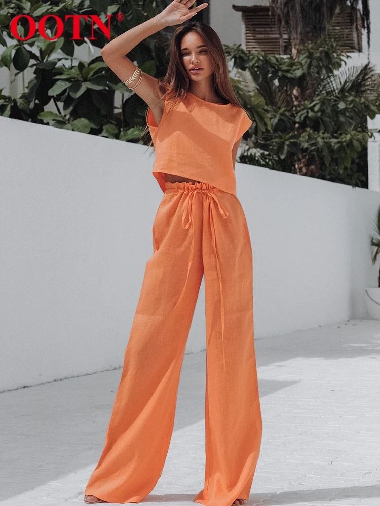 

Уличная одежда OOTN, оранжевые штаны, комплекты из хлопка и льна, летние топы без рукавов с круглым вырезом, повседневные женские широкие брюк...
