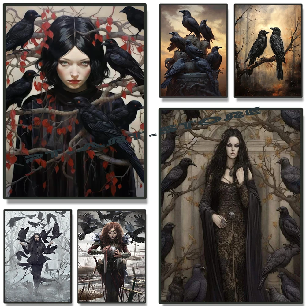 

Dark Fantasy Wall Art Crow Witch Dark Retro Posters Gothic Living Room Home Decor Horror Halloween Canvas Painting Print Picture