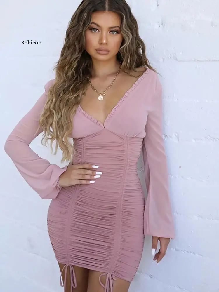 

Spring Autumn Women Dress Fashion Elegant Sexy Deep V-neck Long Sleeve Hip Wrap Dress Slim Elastic Bodycon Bandage Clothes Robe