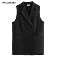 women midi vest fashion ol solid double breasted loose suit waistcoat office lady crop tops business formal workwear