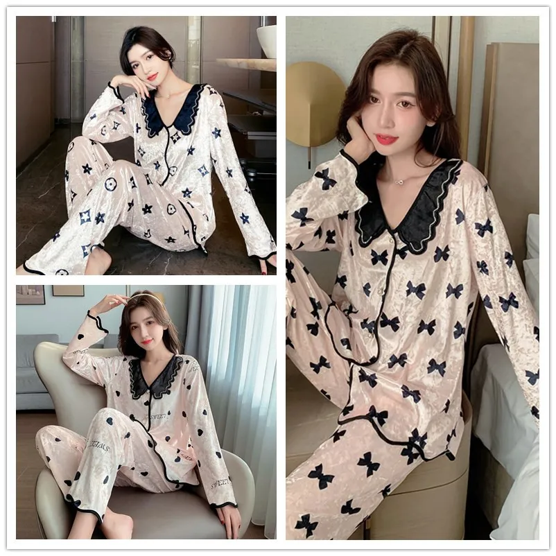 

Women's Pajama Set Velvet Pajamas Cute Bow Digital Print Lapel Loungewear Casual Lace Pajamas Luxury Women's