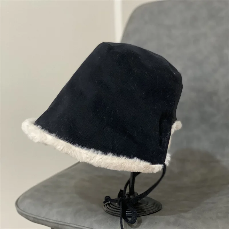 

Korean Bucket Hats Winter Plus Velvet Thick Windproof Fur Edge Fisherman Cap Warm Ear Protection Cap Fashion Plush Lei Feng Hat