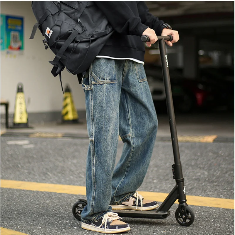 DEEPTOWN Classic Distressed Jeans Men Vintage Japanese Denim Straight Pants Black Blue Trousers Male Loose Casual Streetwear