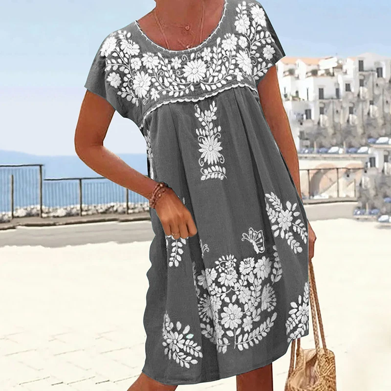 

Casual Bohemian Pullover Dresses 2023 Vintage Pattern Printed Short Sleeve Beach Dress Women's O-Neck Pleated Loose Mini Dress