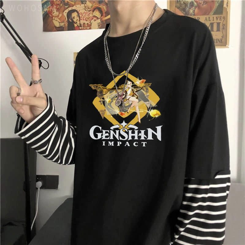 

Harajuku Anime Genshin Impact Ning Gauang Print Fake Two Pieces Stripes T-Shirt Fashion Summer Casual Women Long Sleeve T Shirt