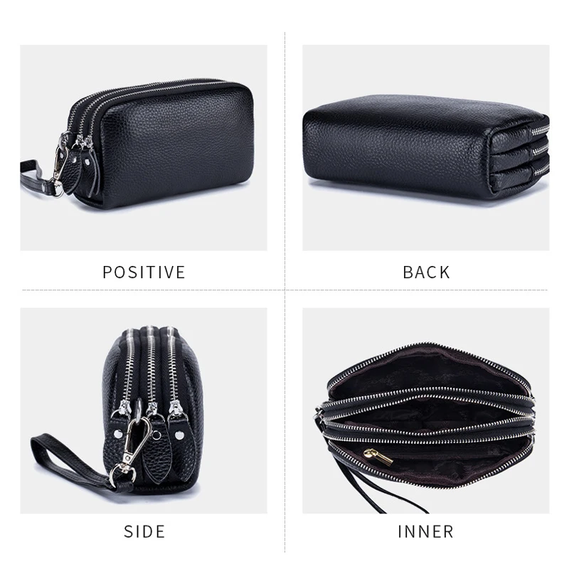 Aliwood First Layer Cowhide Women's Clutch Bag Genuine Leather Wallet Three-Layer Zipper Large-Capacity Long Wallets Phone Bags