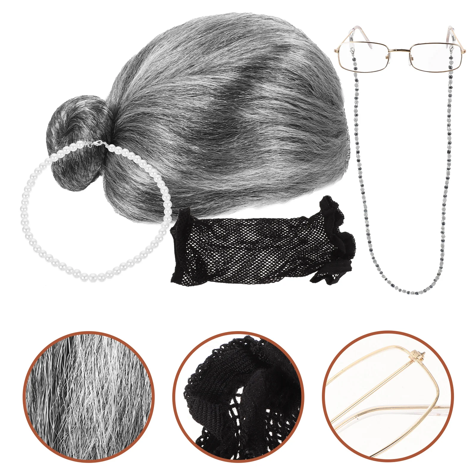 

Grey Wigs Old Lady Cosplay Kit Women's Wigs Grandma Costume Necklaces Set Old Lady Fancy Dress Performance Props Granny Set