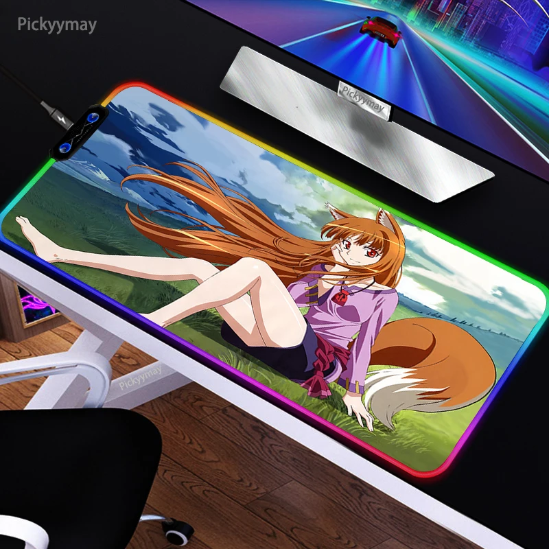 

Anime Spice And Wolf Holo Lawrence RGB Mouse Pad Kawaii Deskmat Keyboard Pad Gaming Mice Mat Anti-Slip LED Mousepad With Backlit