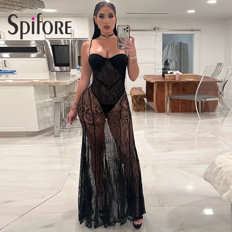 Spifore женское платье без рукавов на тонких бретельках сексуальное кружевное