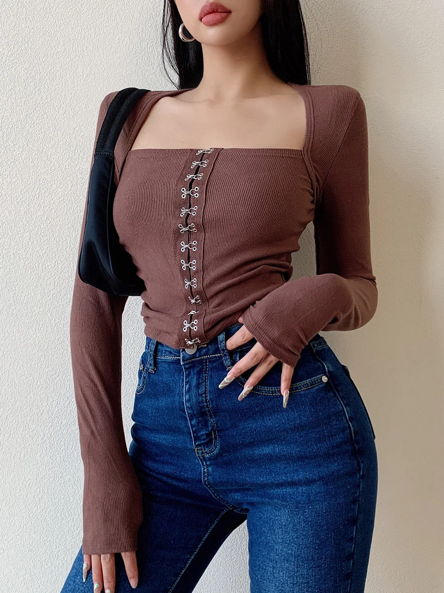 

and WOMONGAGA Spring Autumn Style French Style Solid Color Square Neck Skinny Bottom Shirt Long Sleeve Mini T-Shirt Top MUFF