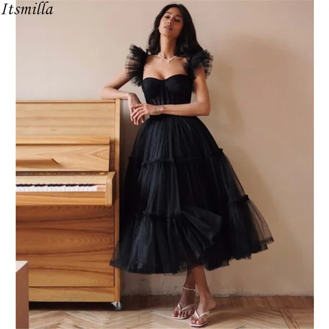 Itsmilla Black Ruffled Tulle Midi Dress A Line Prom Dresses Sweetheart Tea Length Women Evening Party Gowns Robe De Soirée Femme