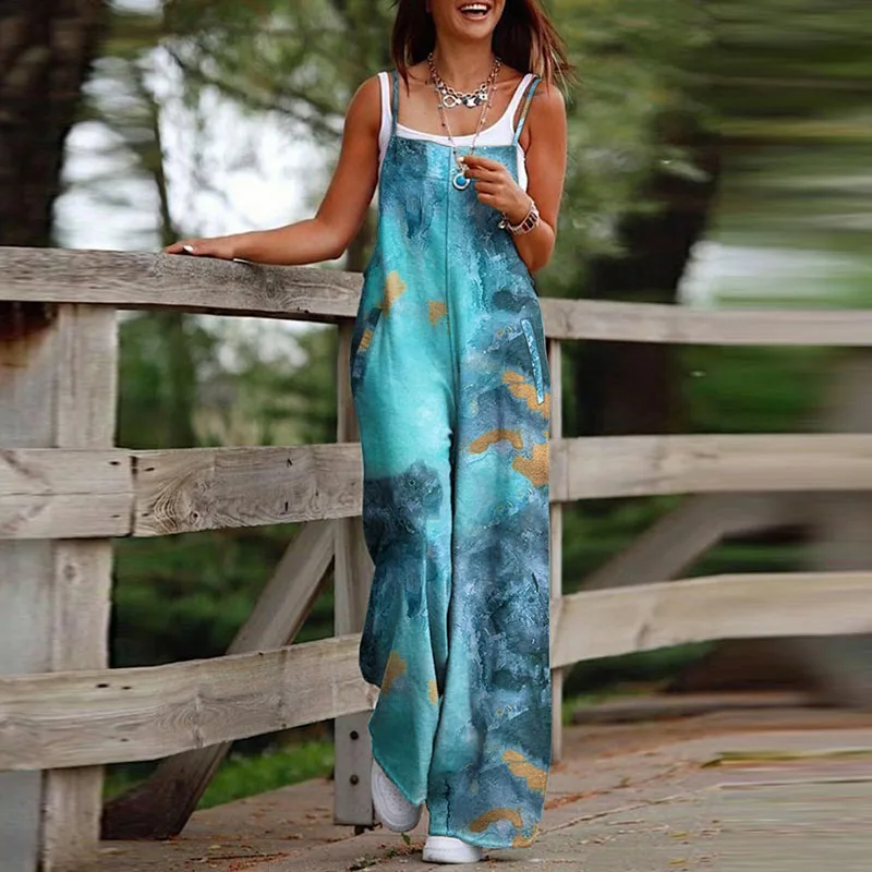 

Fashion Vintage Pattern Print Loose Romper Harajuku Oversized Ladies Wide-Leg Pants Autumn Women Casual Straps Trousers Jumpsuit