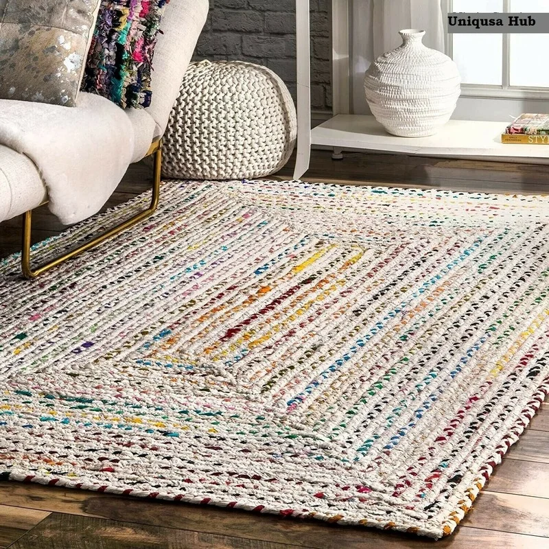 

Home Furnishing Hand Knitted Rug Cotton Handmade Reversible Rustic Look Natural Rug Braided Style Runner Rug