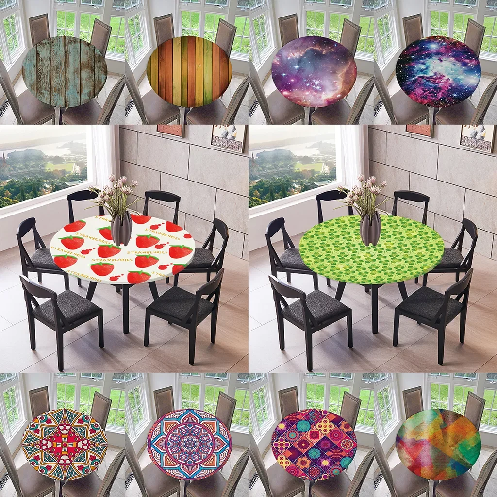 

Edged Waterproof Backed Fitted Table Cover Tablecloths Kitchen Decor, Fits 47 inch Round Tables